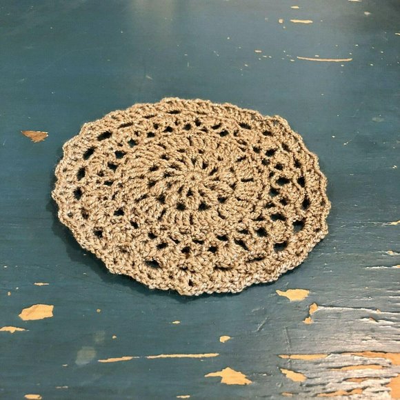 Handmade Crochet Boho Doily Puff Dark Tan Sparkles Decor Plant Pot Coaster 5.5" - Picture 6 of 6